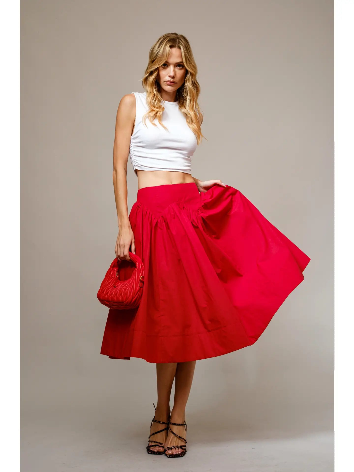 Red flare midi skirt