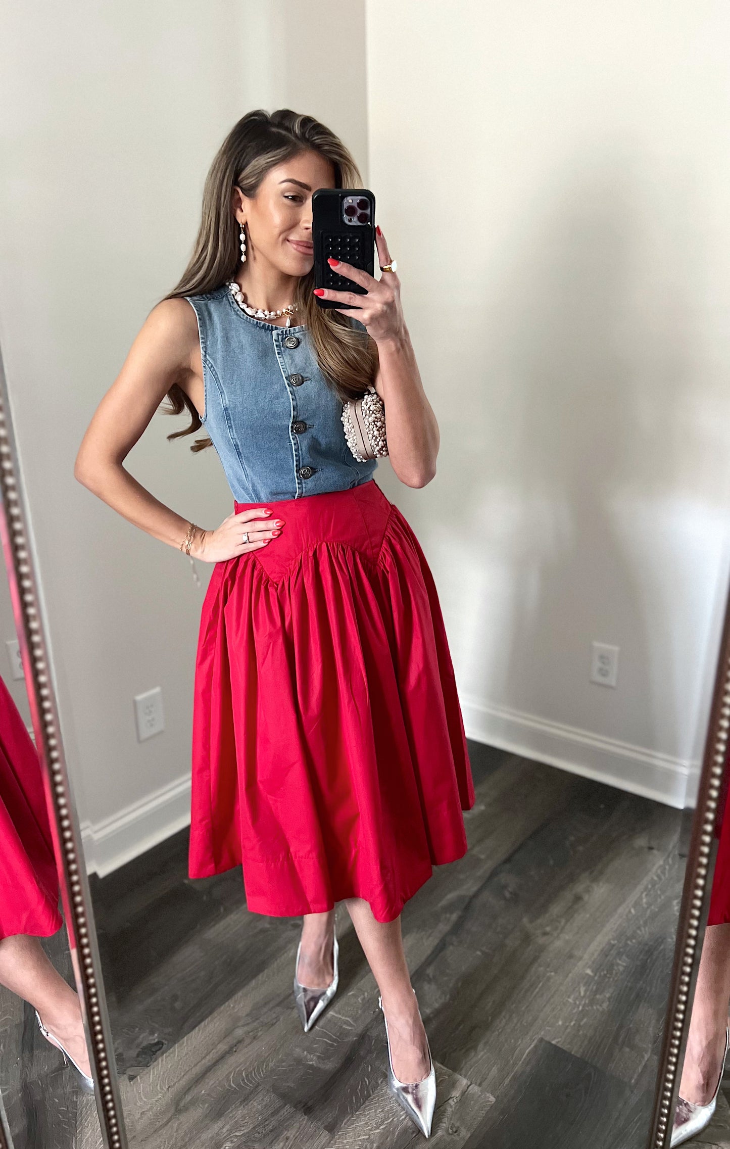 Red flare midi skirt