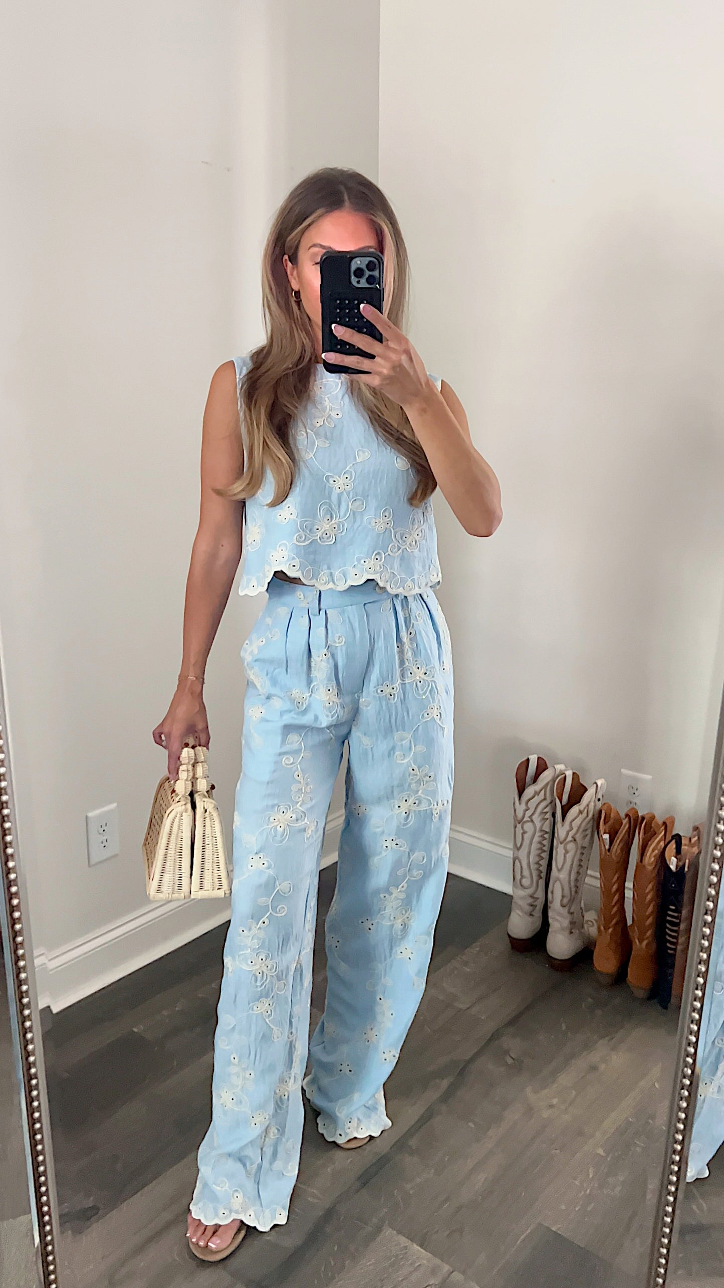 Powder Blue Linen Top and Pants Set