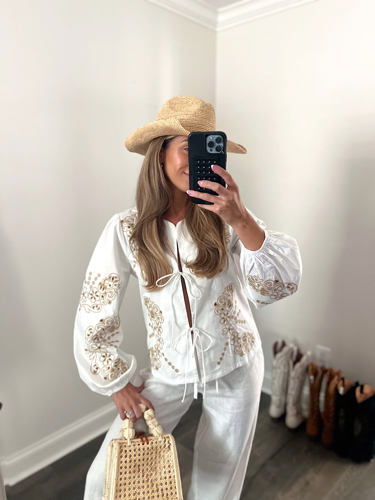 Embroidered Tie Front Blouse